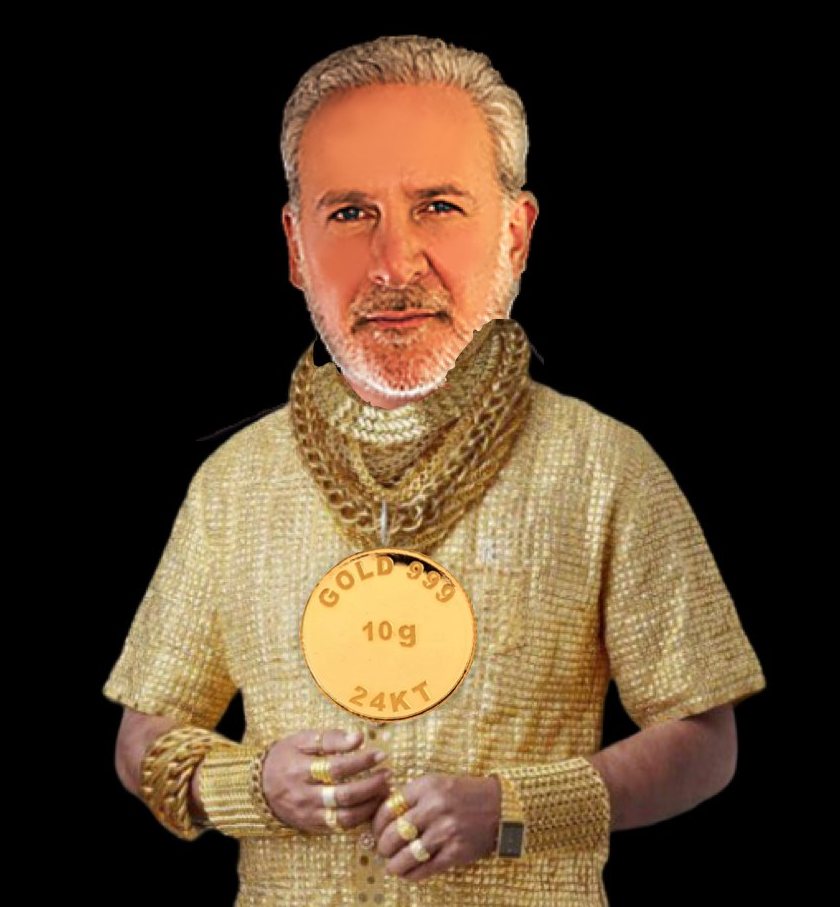 Parody image of a gold bug dressed head to toe in gold chains and a gold shirt, wearing a giant gold coin medallion